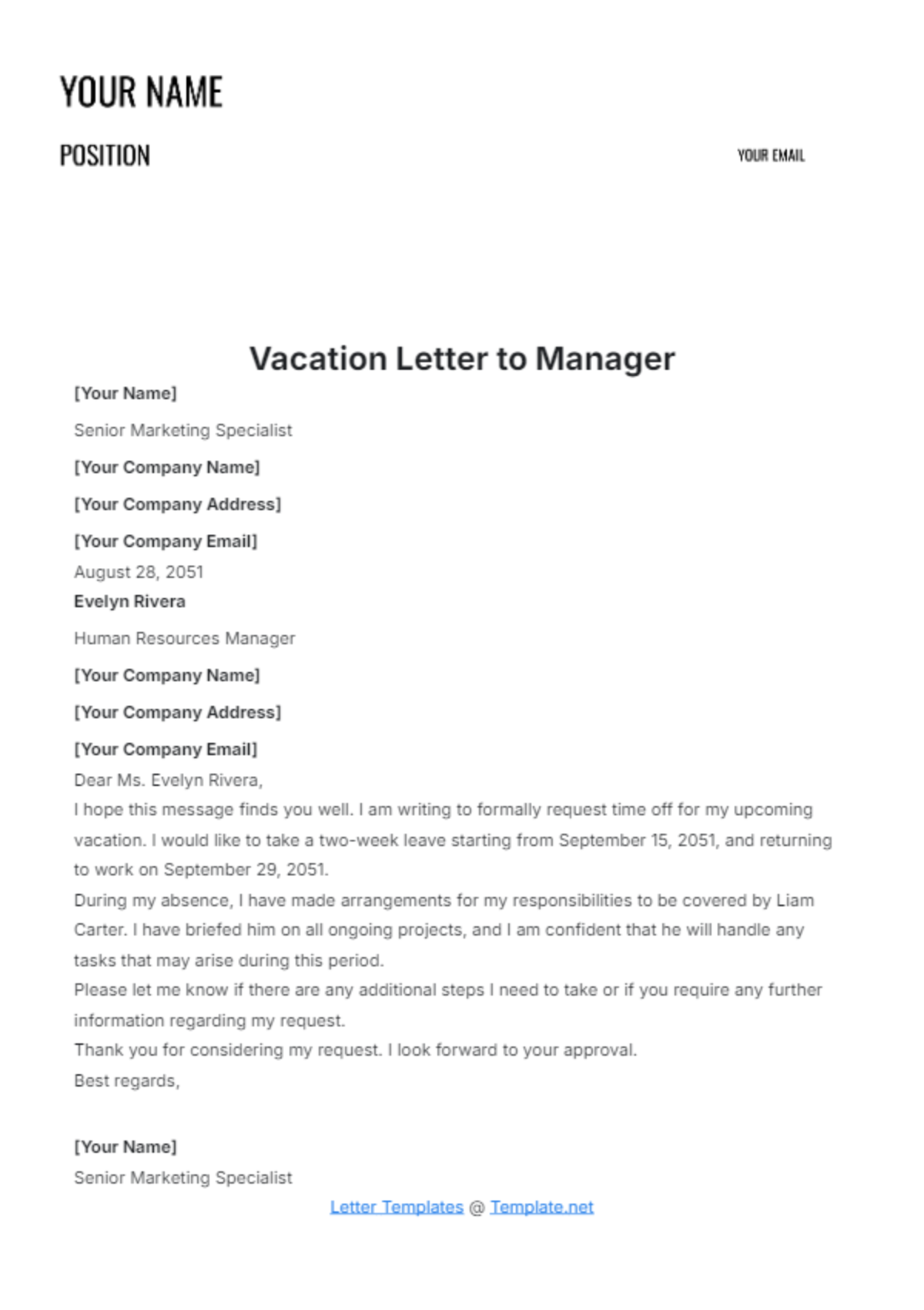 Vacation Letter to Manager Template