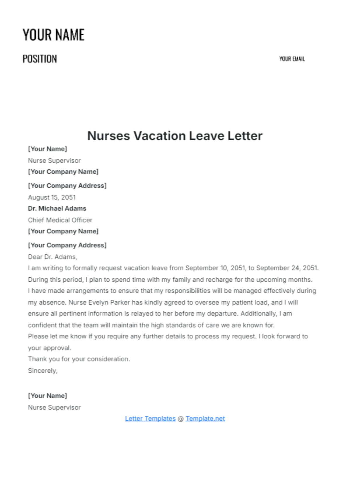 Nurses Vacation Leave Letter Template