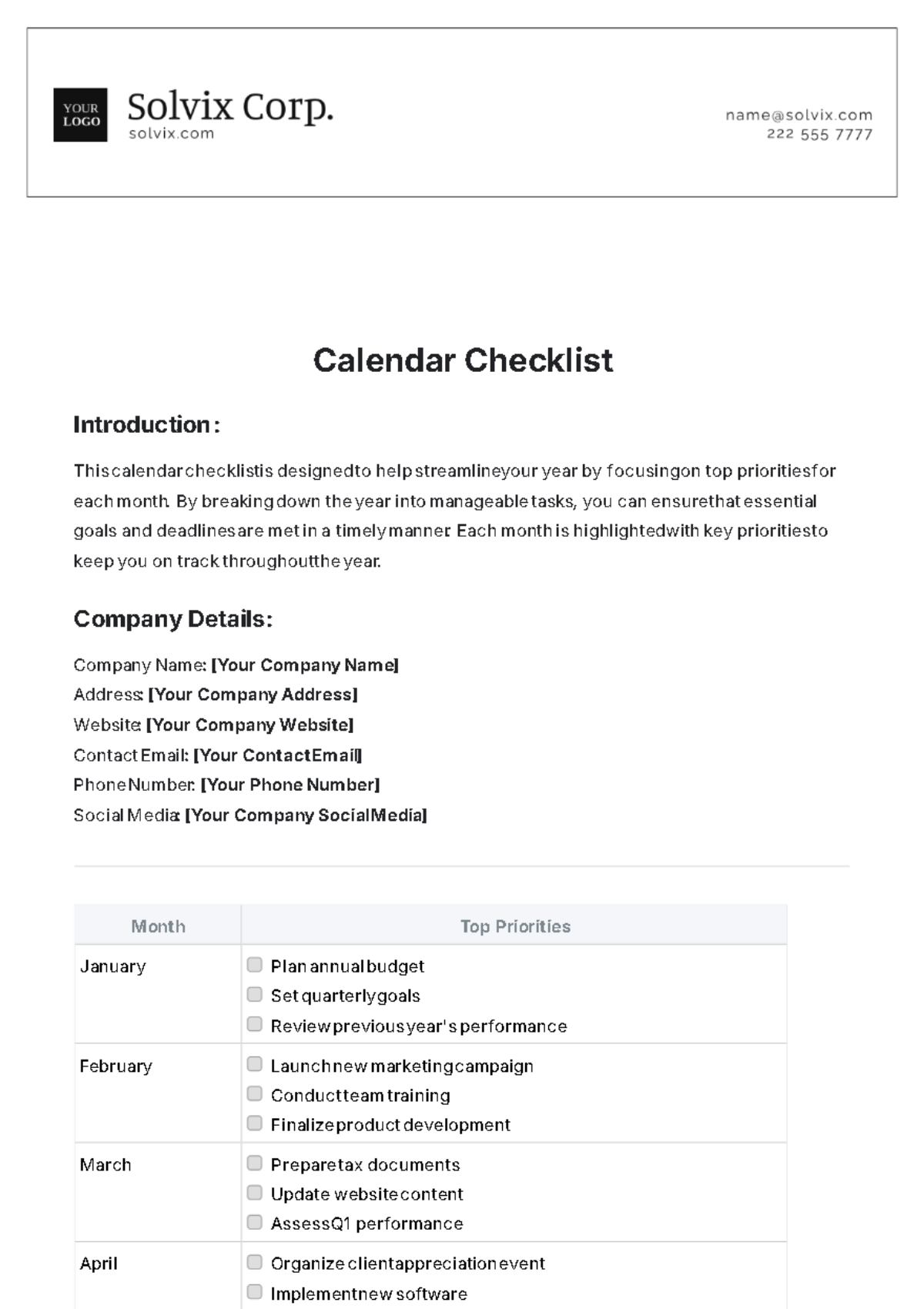 Calendar Checklist Template - Edit Online & Download