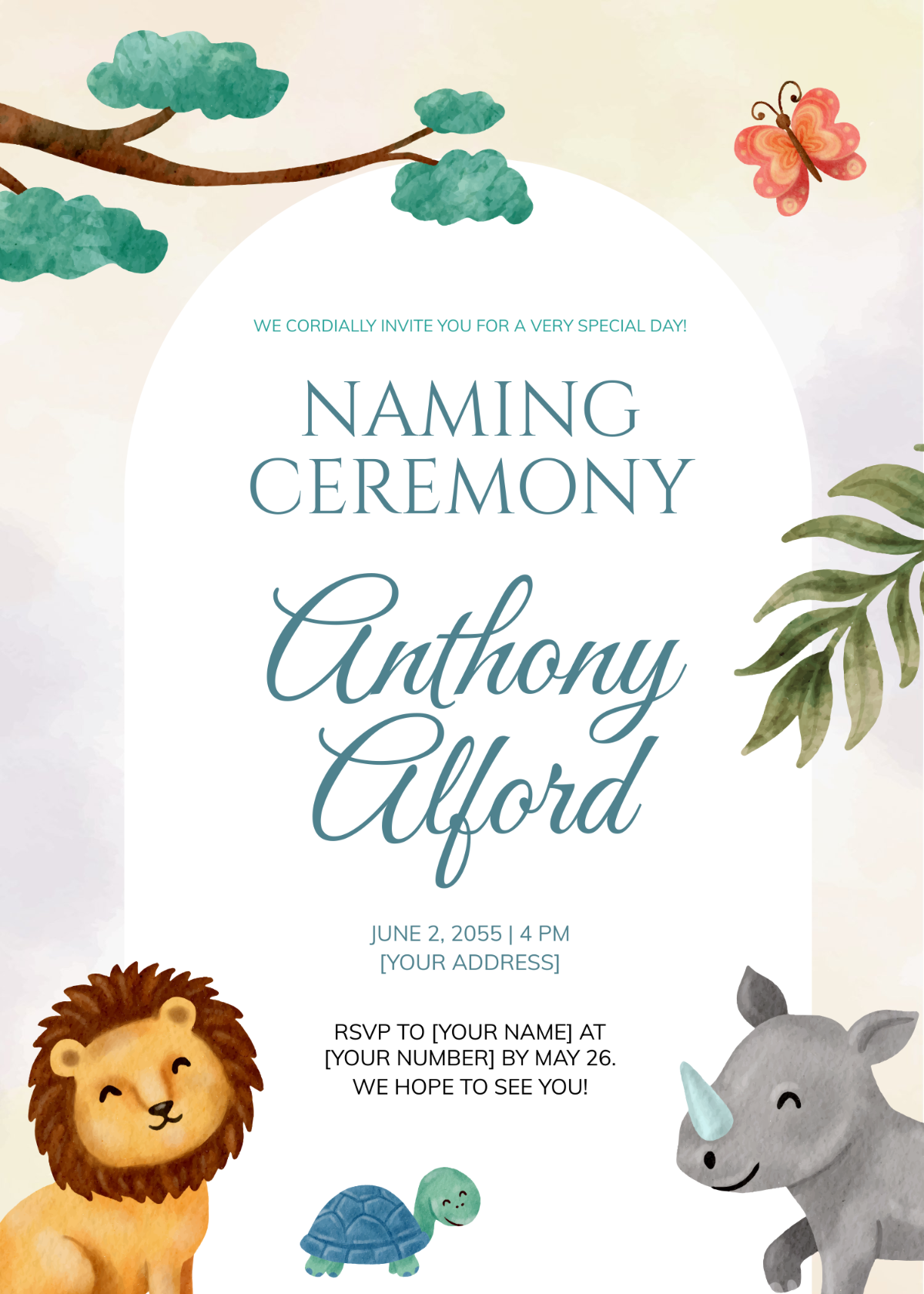 Animal-Themed Baby Naming Invitation Template - Edit Online & Download