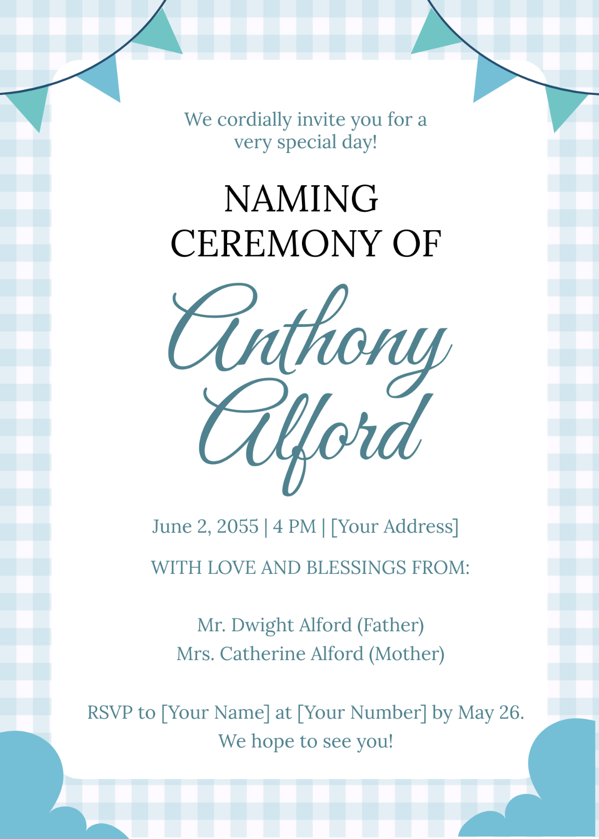 Blue-Themed Baby Boy Naming Ceremony Invitation