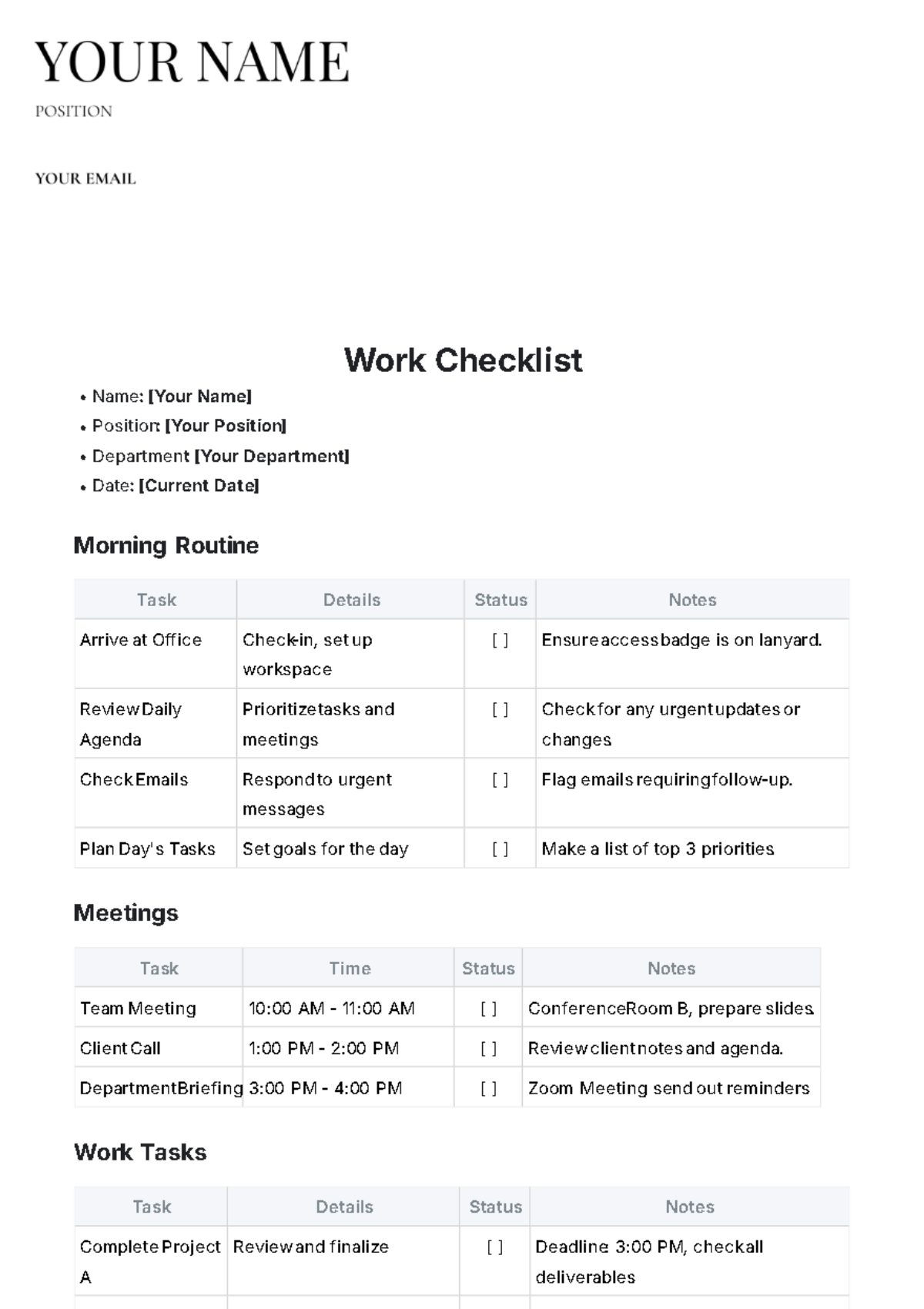 Work Checklist Template - Edit Online & Download