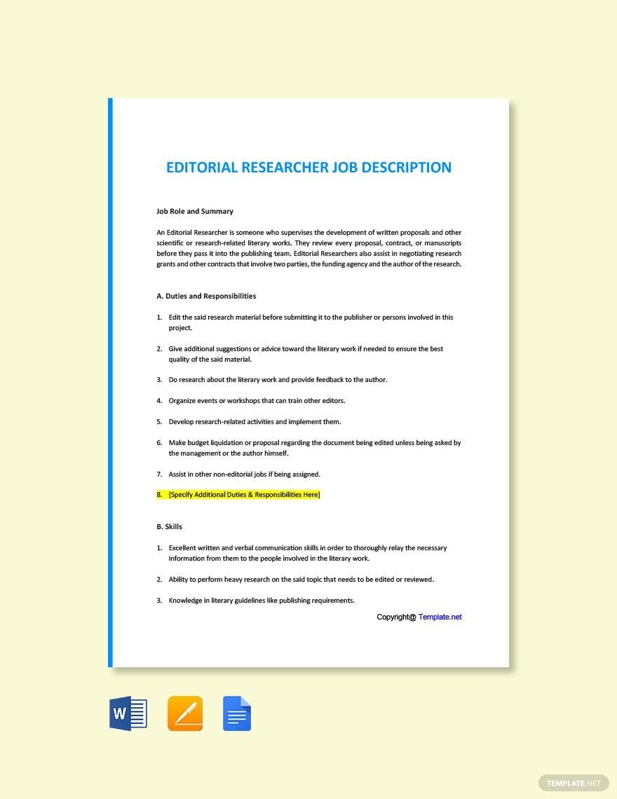 Editorial Researcher Job Ad/Description Template in Word, Google Docs, PDF, Apple Pages