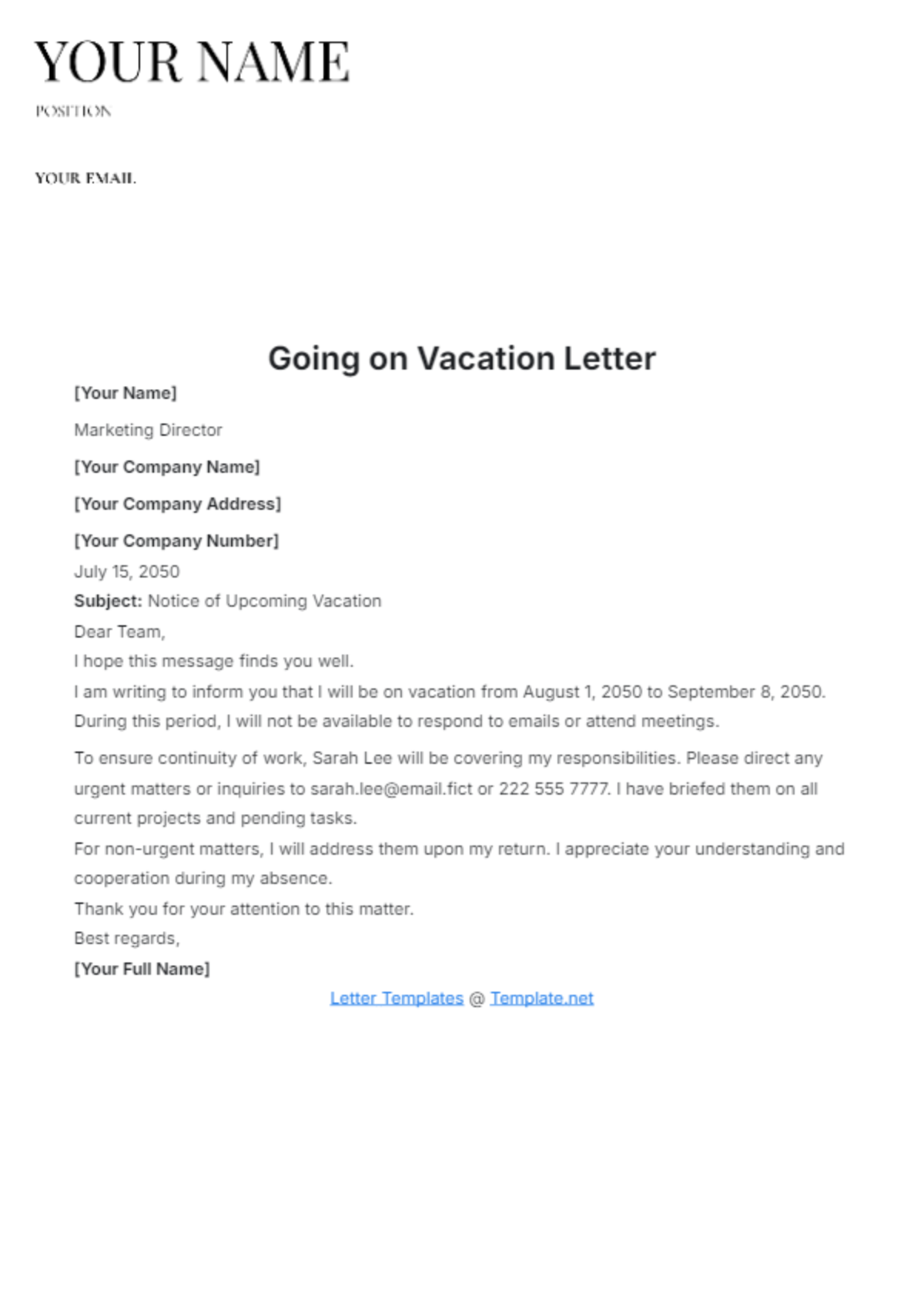 Going on Vacation Letter Template