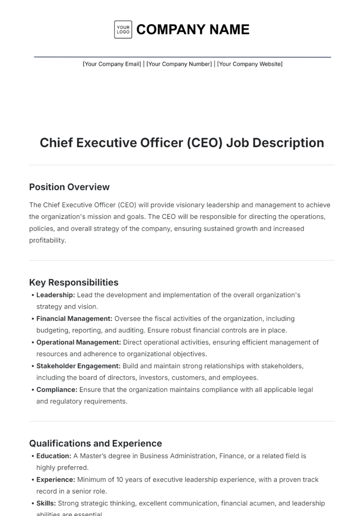 Chief Executive Officer CEO Job Description Template - Edit Online & Download