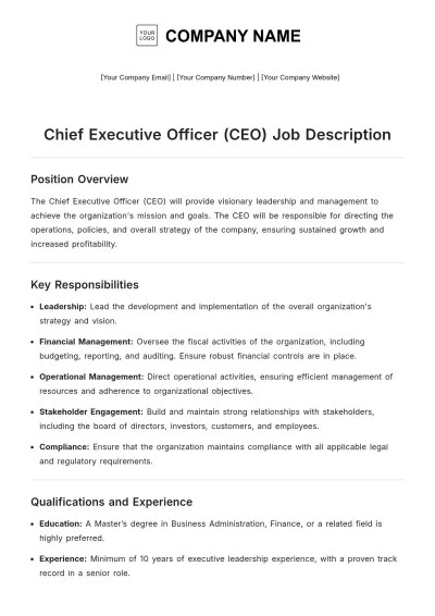 Free Chief Executive Officer CEO Job Description Template to Edit Online
