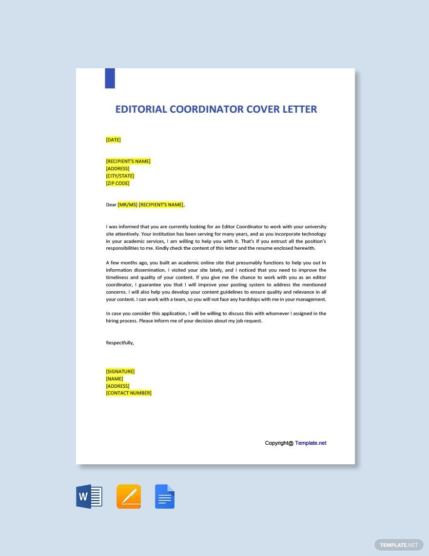 Free Editorial Coordinator Cover Letter Template
