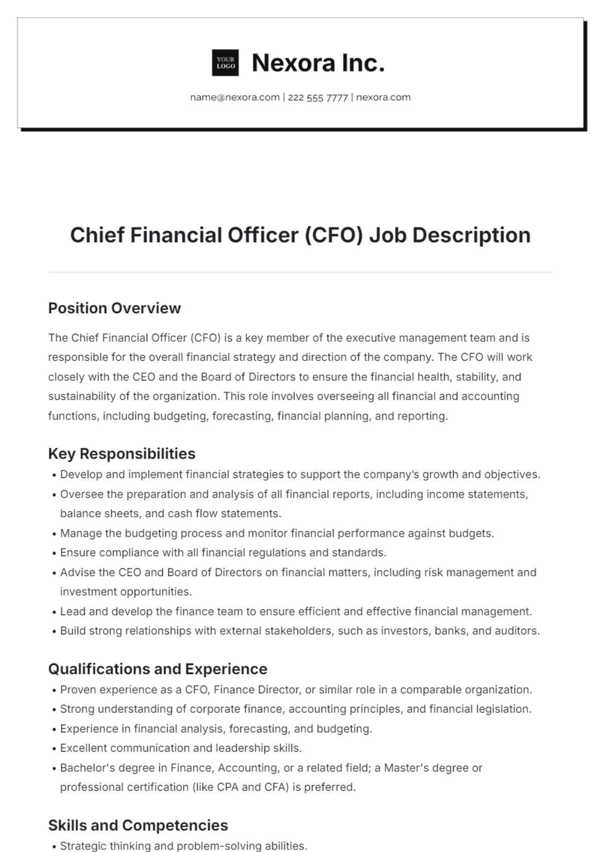 Chief Financial Officer CFO Job Description Template - Edit Online & Download