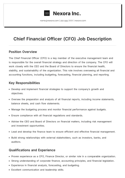 Free Chief Financial Officer CFO Job Description Template to Edit Online