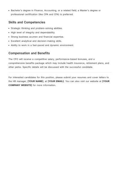 Free Chief Financial Officer CFO Job Description Template to Edit Online