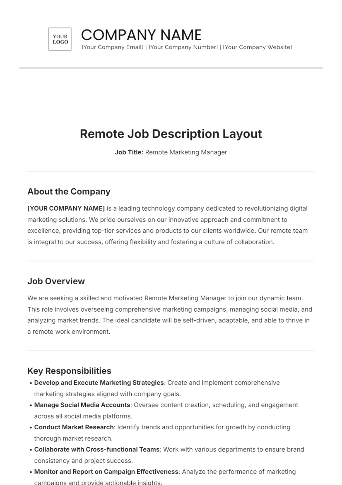 Remote Job Description Layout Template - Edit Online & Download