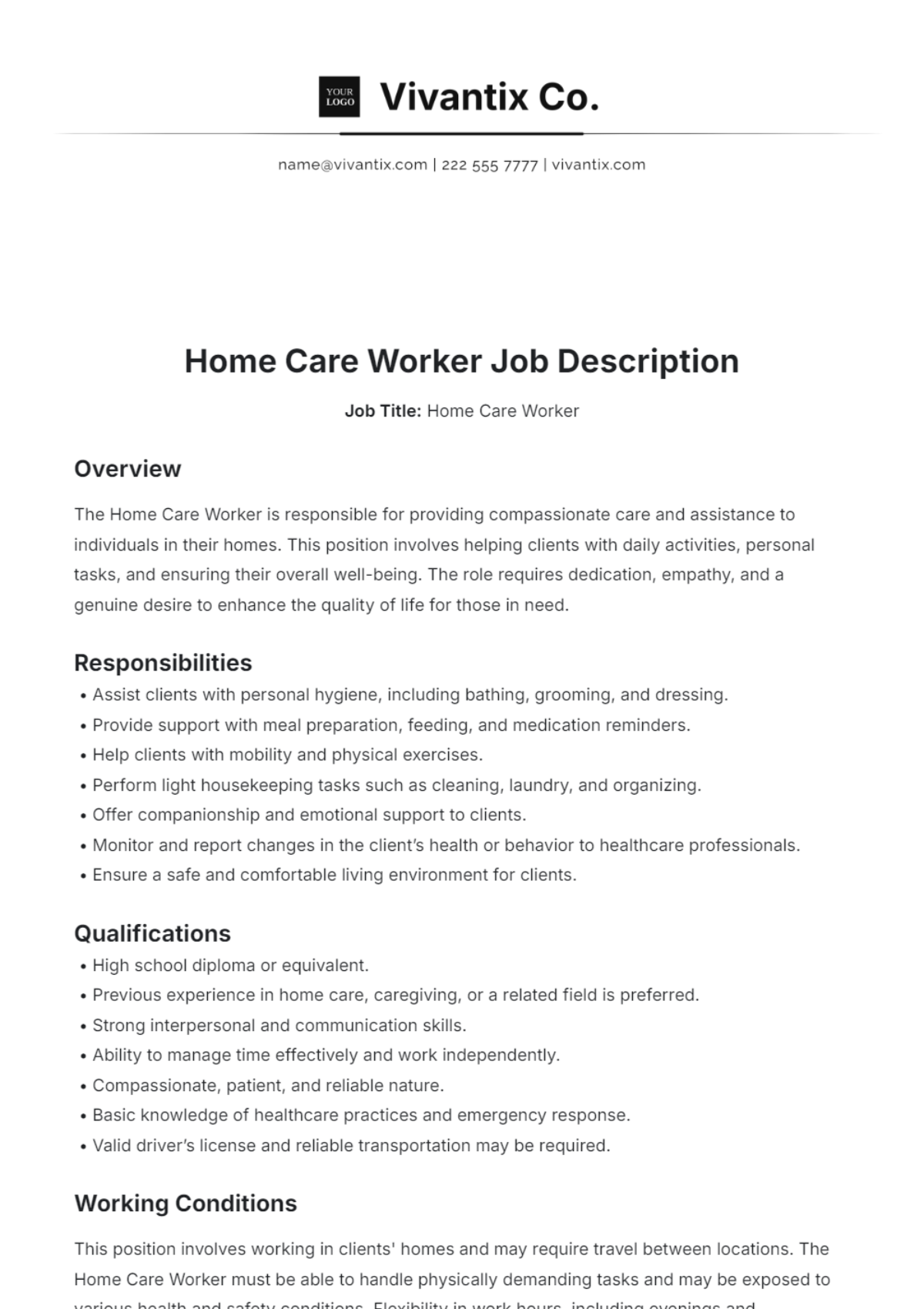 Home Care Worker Job Description Template - Edit Online & Download