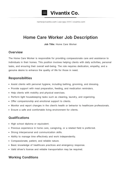 Free Home Care Worker Job Description Template to Edit Online