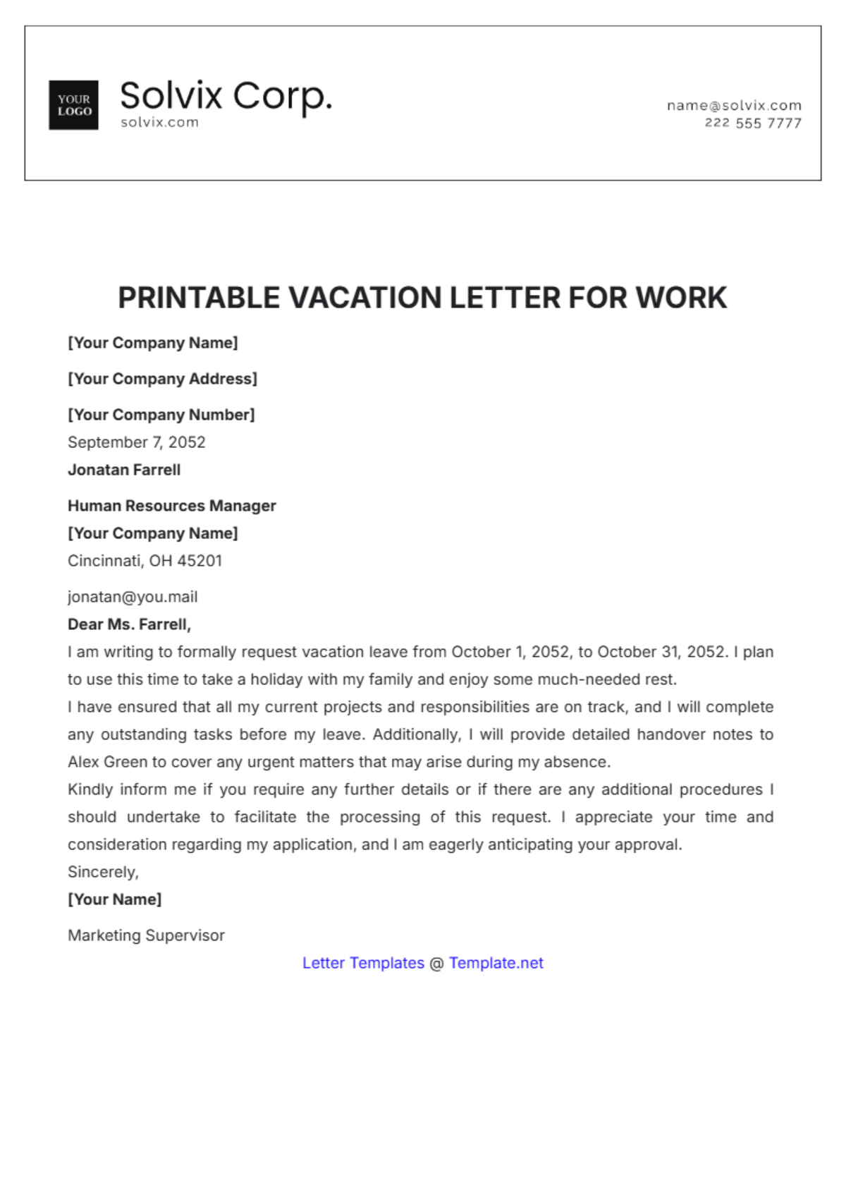 Printable Vacation Letter for Work Template