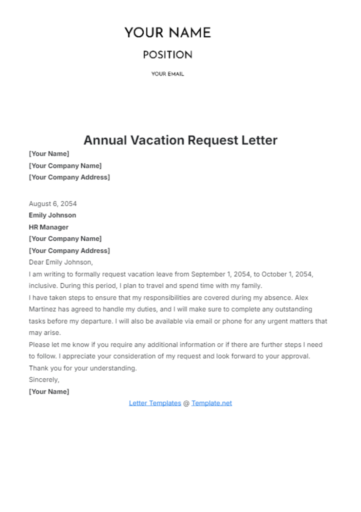 Annual Vacation Request Letter Template