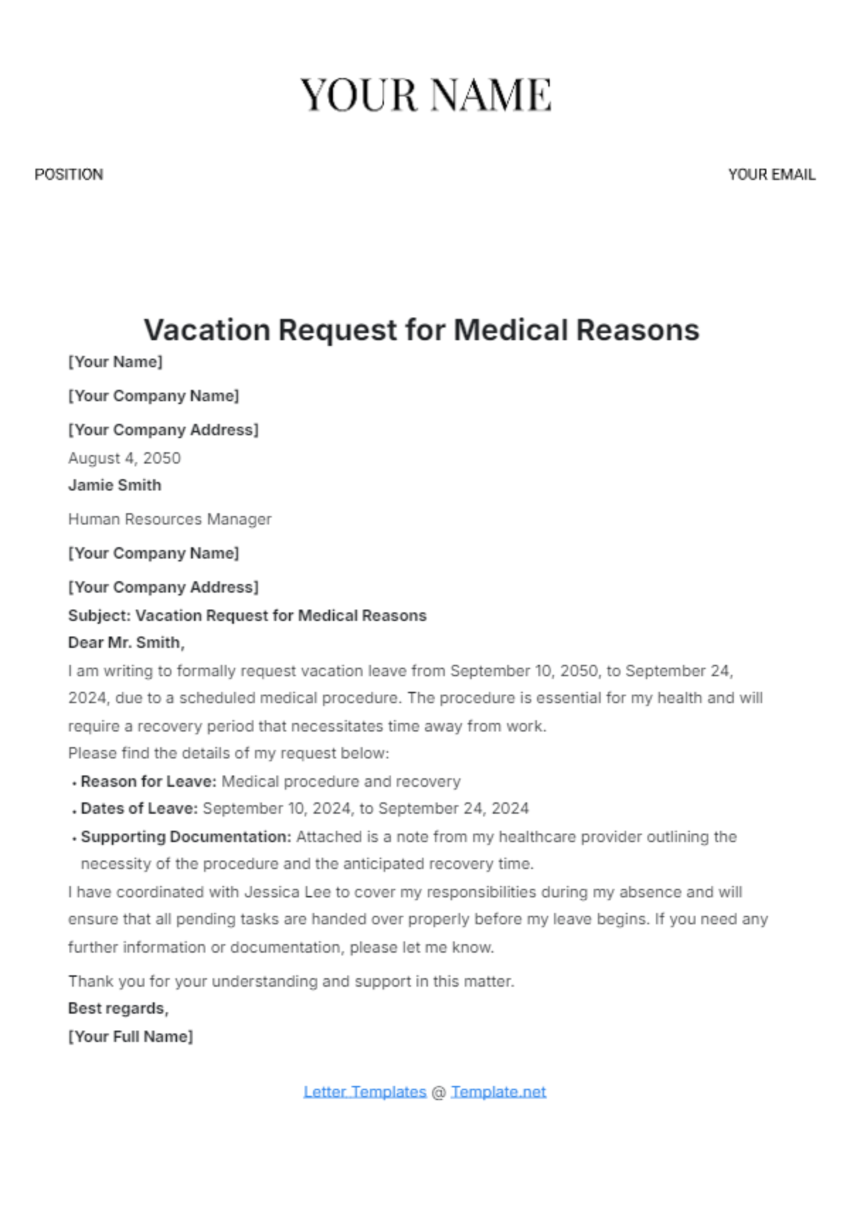 Vacation Request for Medical Reasons Template