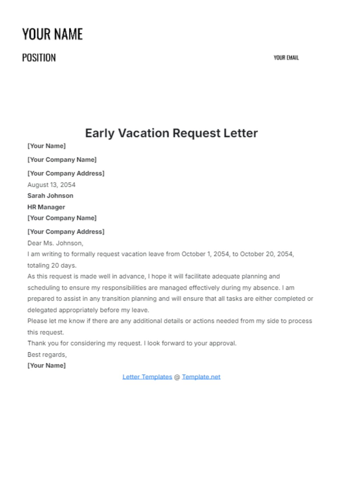 Early Vacation Request Letter Template