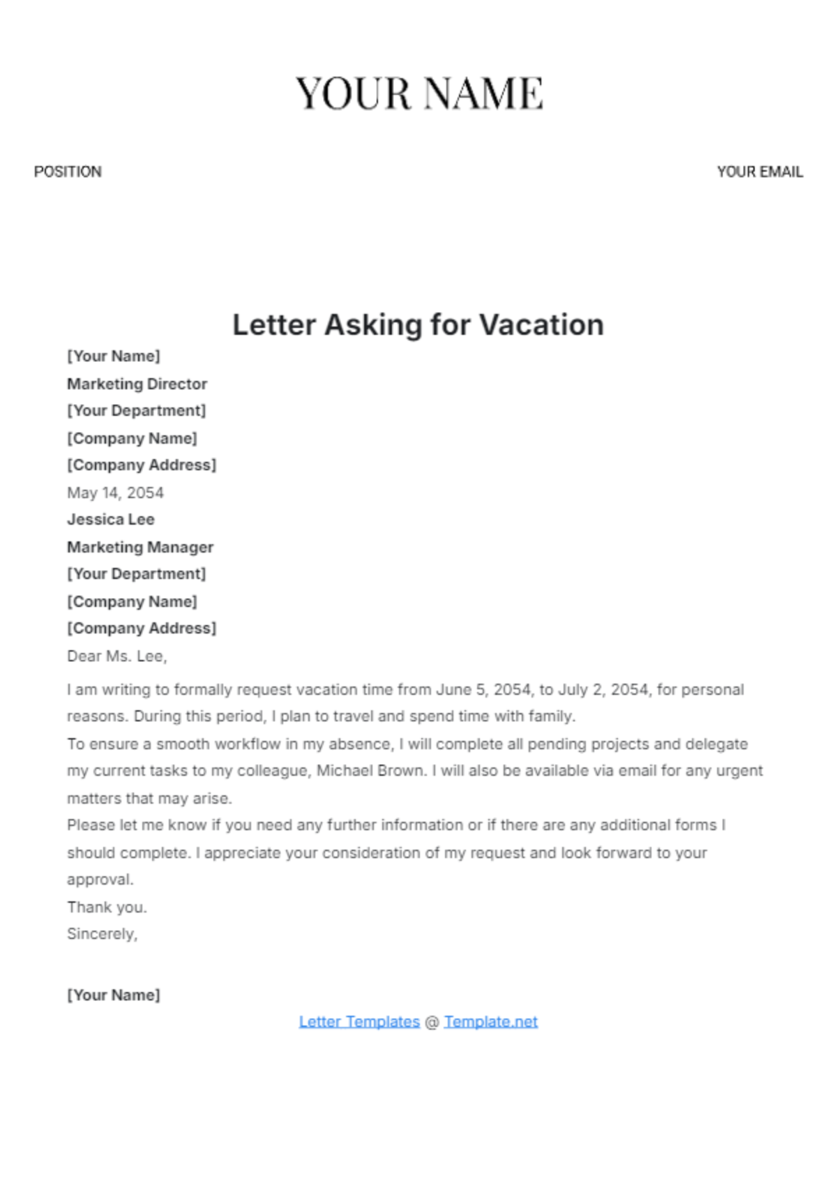 Letter Asking for Vacation Template