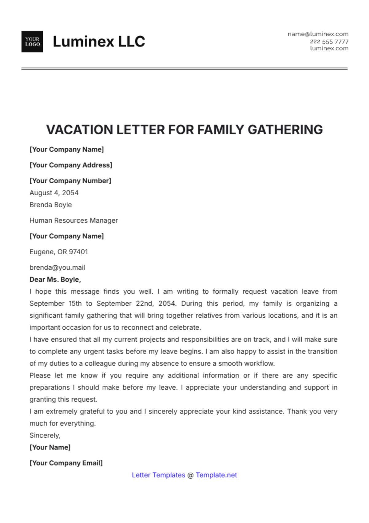 Vacation Letter for Family Gathering Template