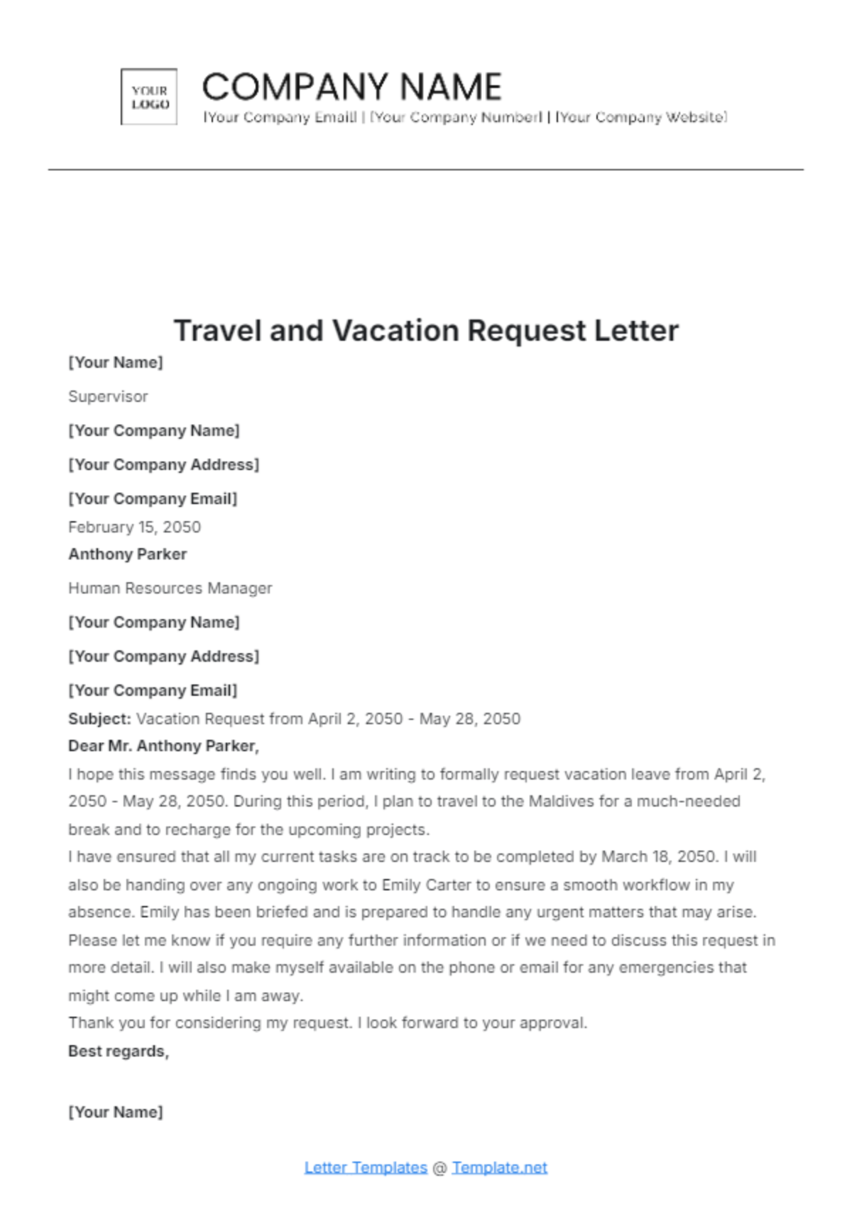 Travel and Vacation Request Letter Template