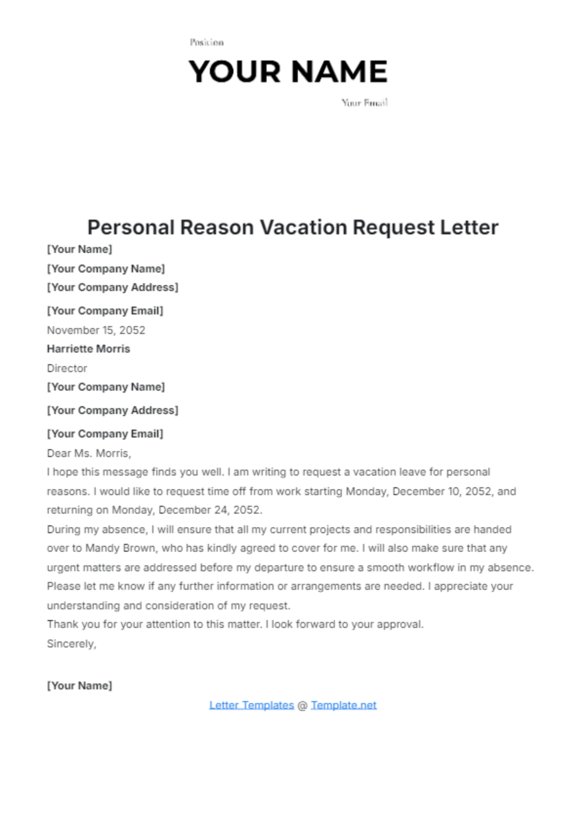 Personal Reason Vacation Request Letter Template