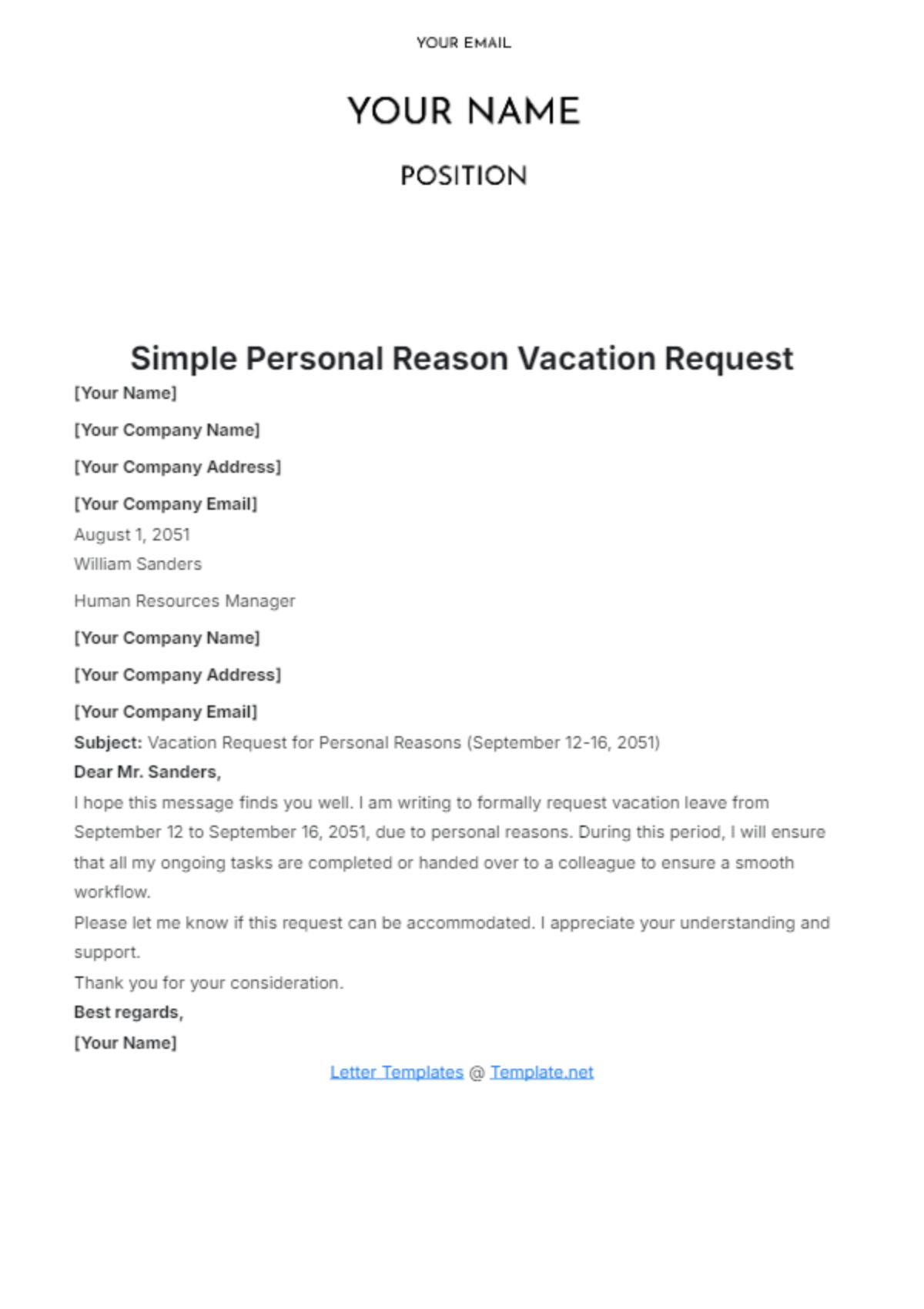 Simple Personal Reason Vacation Request Template