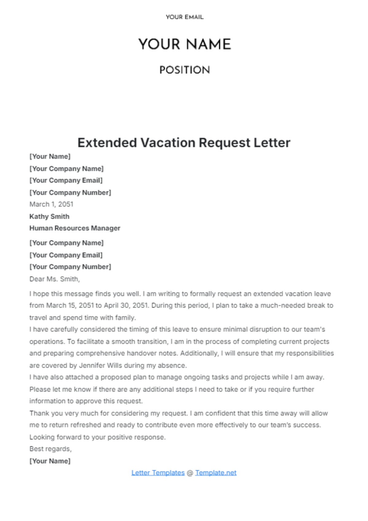 Extended Vacation Request Letter Template - Edit Online & Download