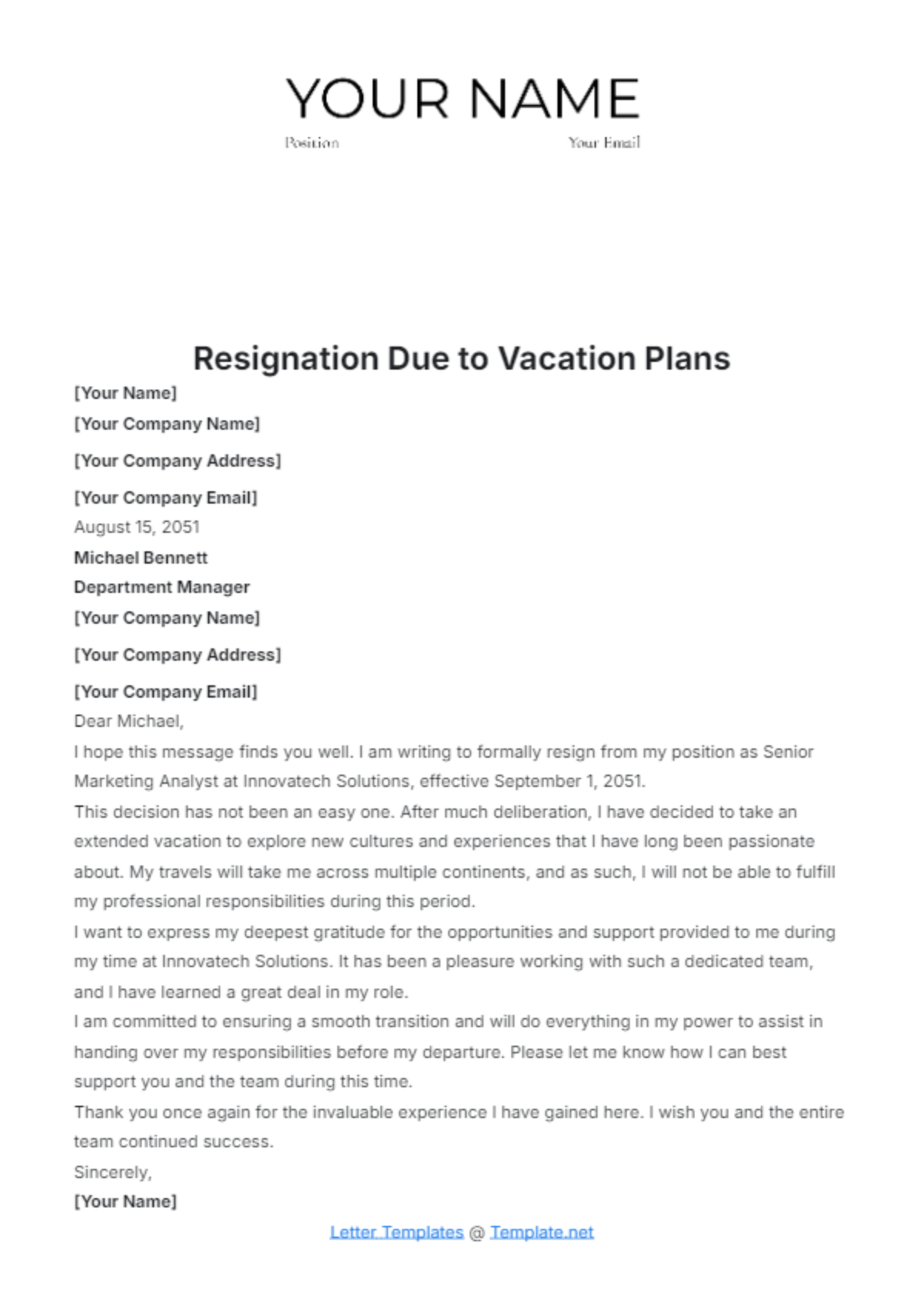 Resignation Due to Vacation Plans Template - Edit Online & Download