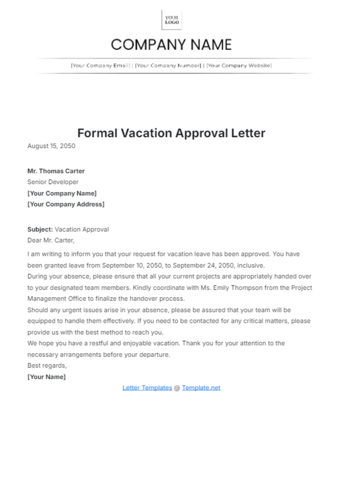 Formal Vacation Approval Letter Template - Edit Online & Download