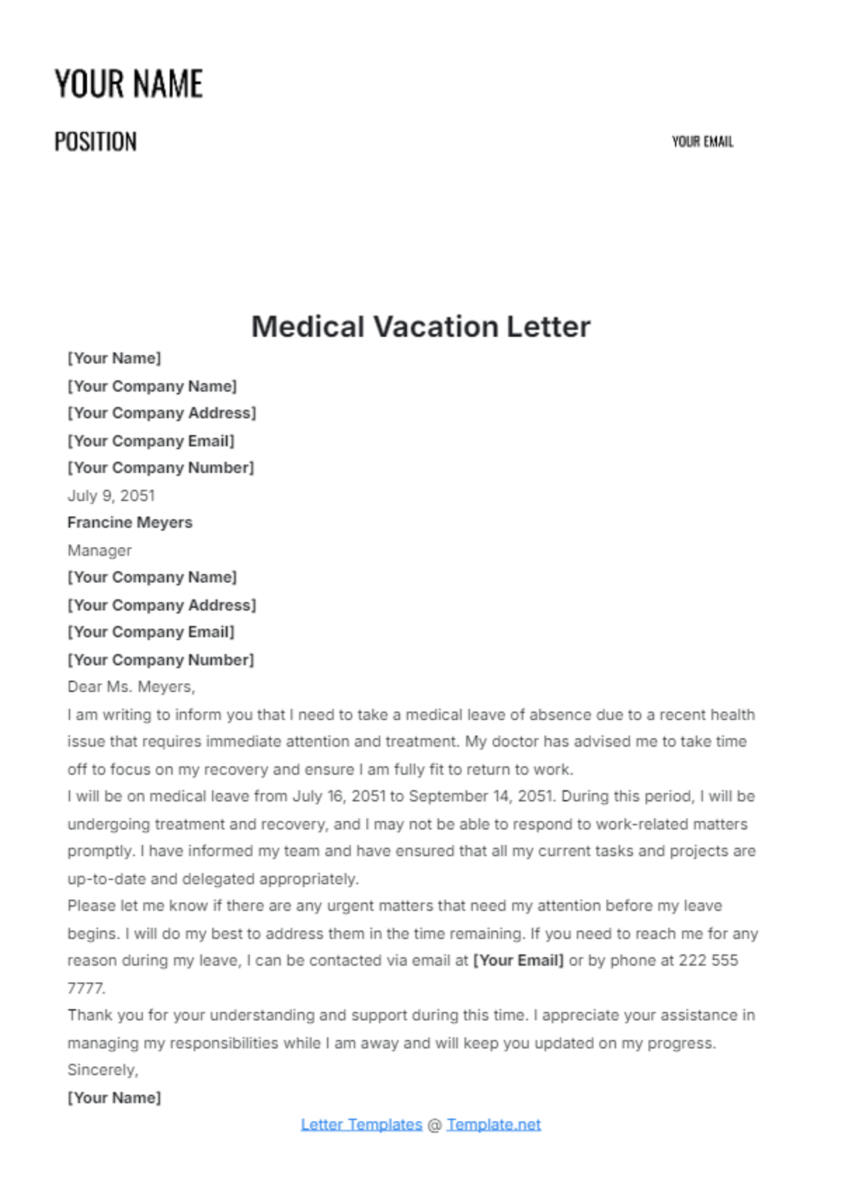 Medical Vacation Letter Template - Edit Online & Download