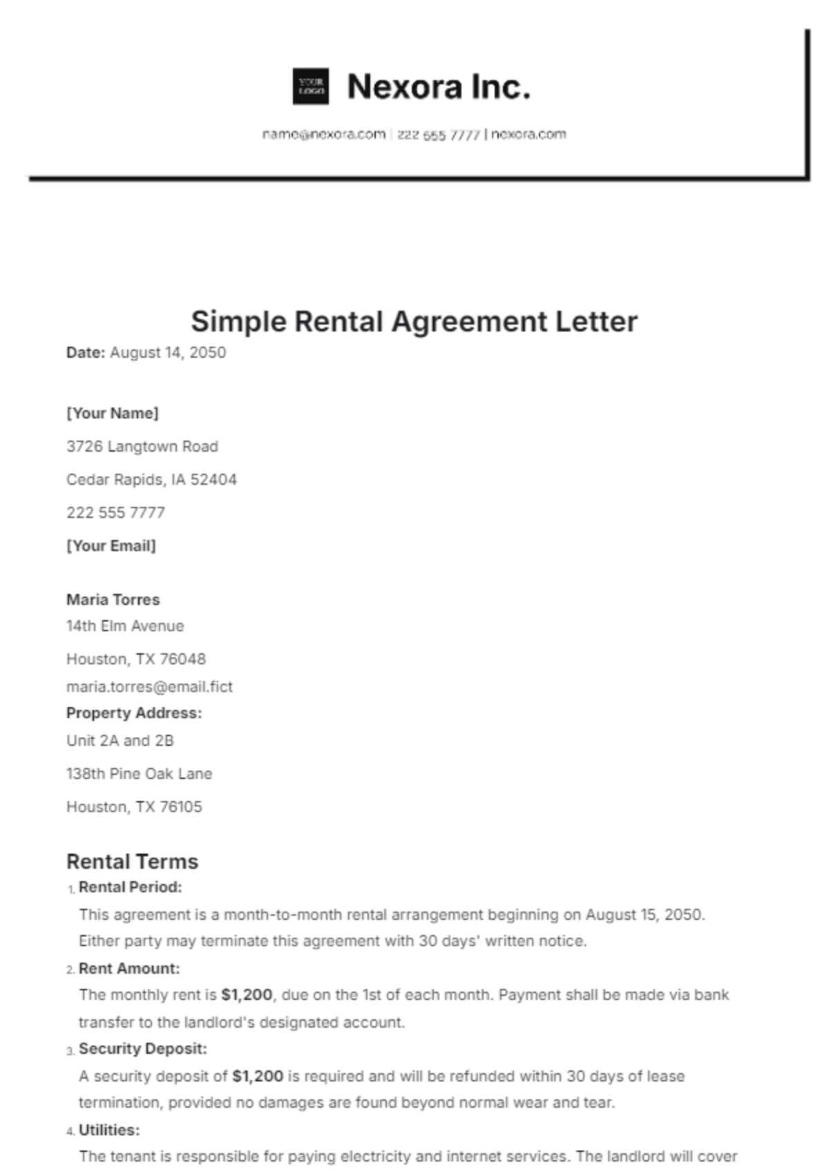 Simple Rental Agreement Letter Template