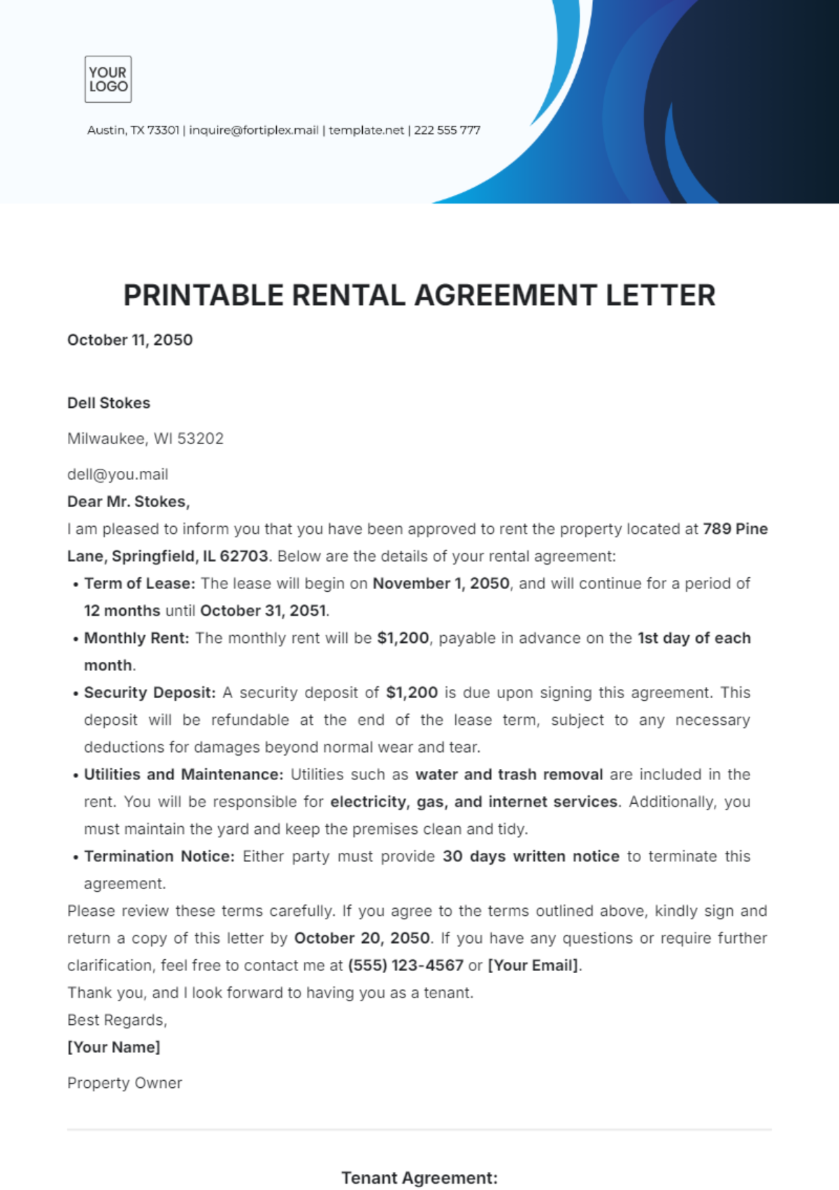 Printable Rental Agreement Letter Template