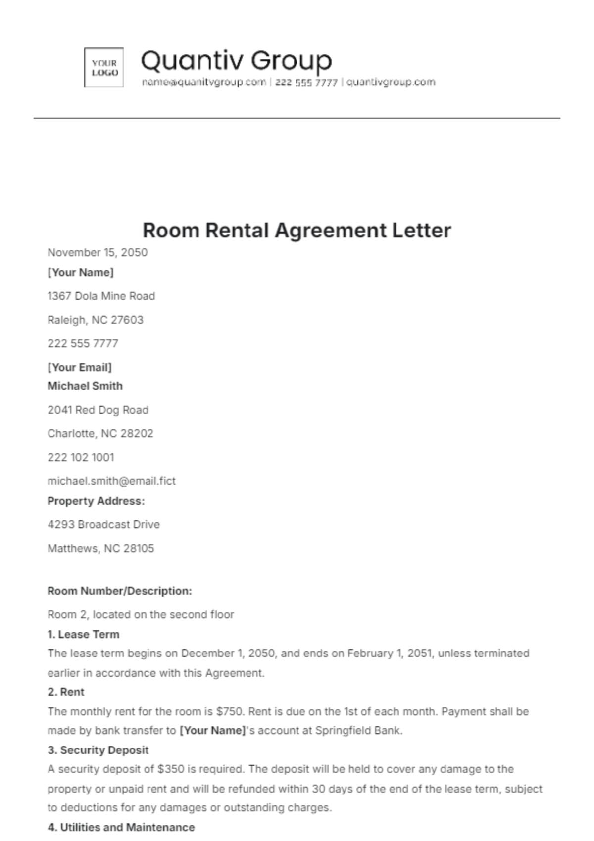 Room Rental Agreement Letter Template