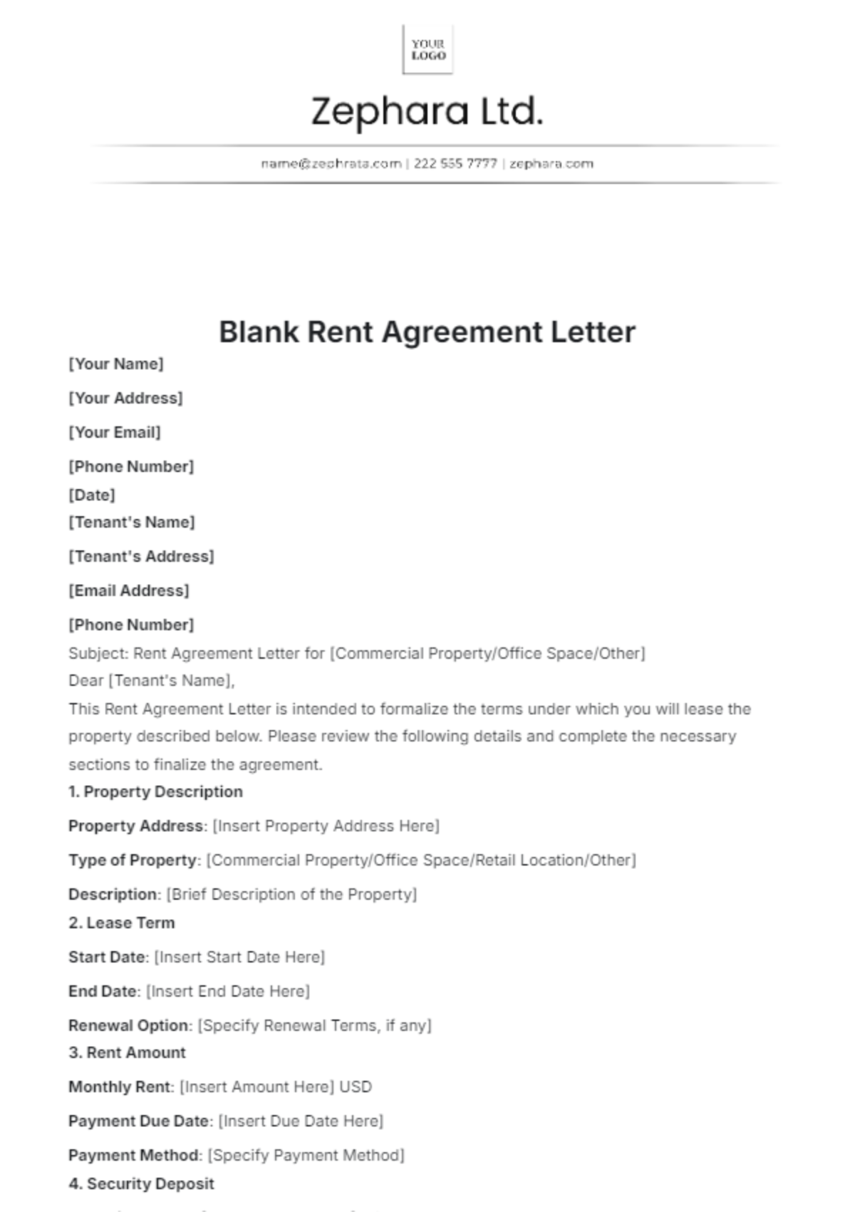 Blank Rent Agreement Letter Template