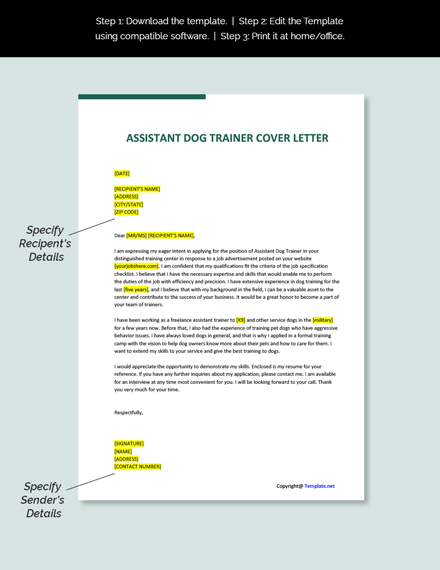 Free Assistant Dog Trainer Cover Letter Template