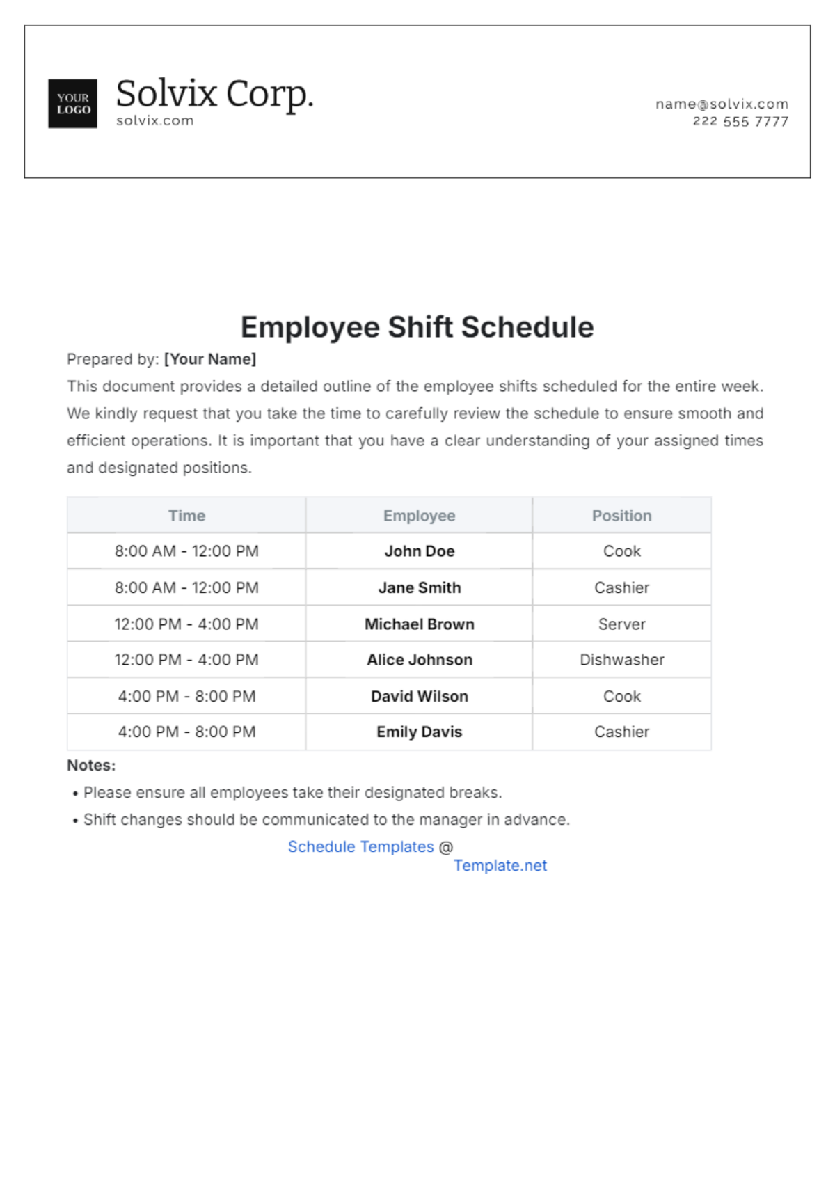 Employee Shift Schedule Template - Edit Online & Download