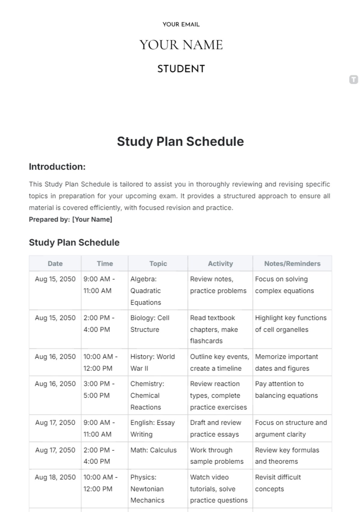 Study Plan Schedule Template - Edit Online & Download