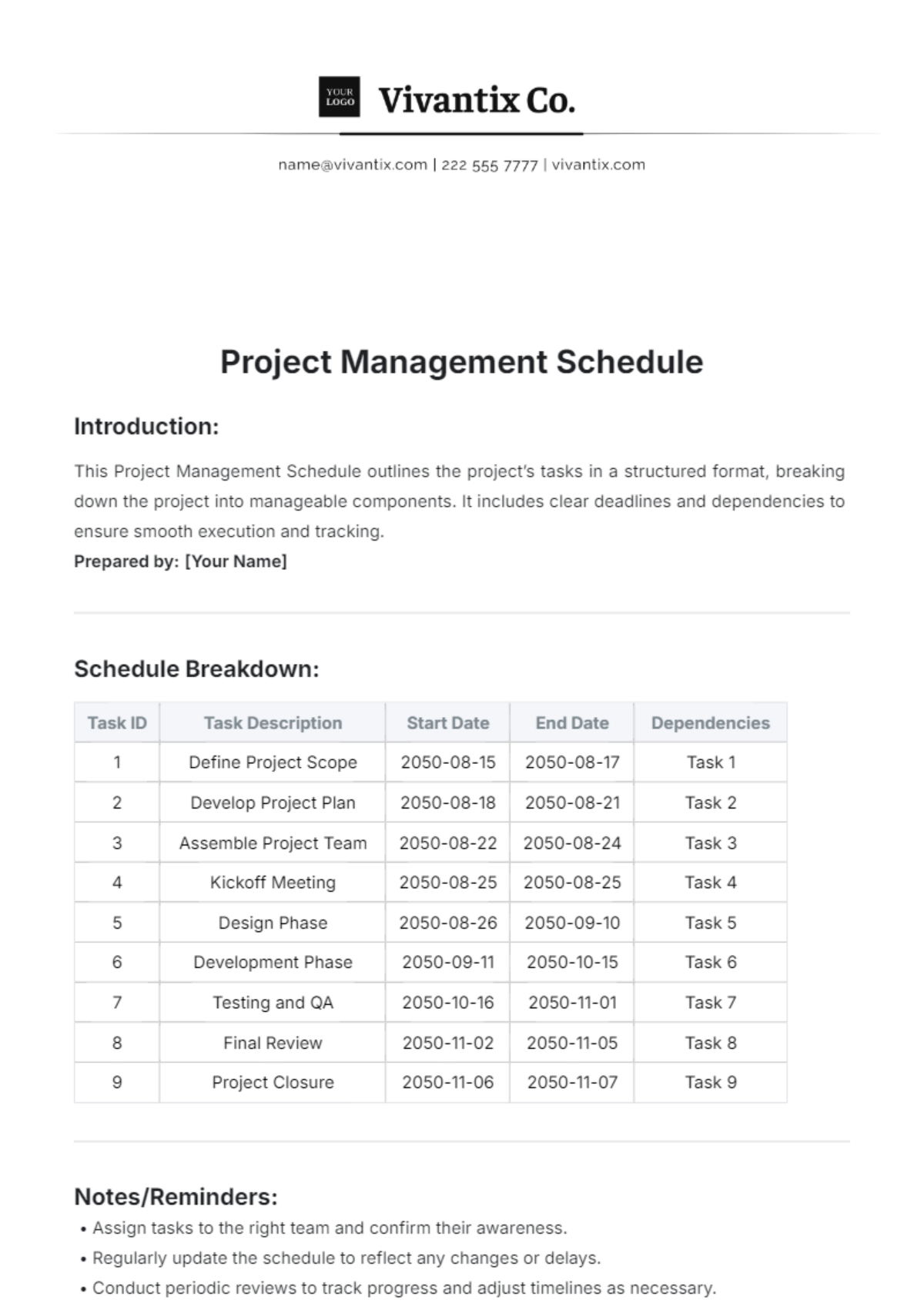 Project Management Schedule Template - Edit Online & Download