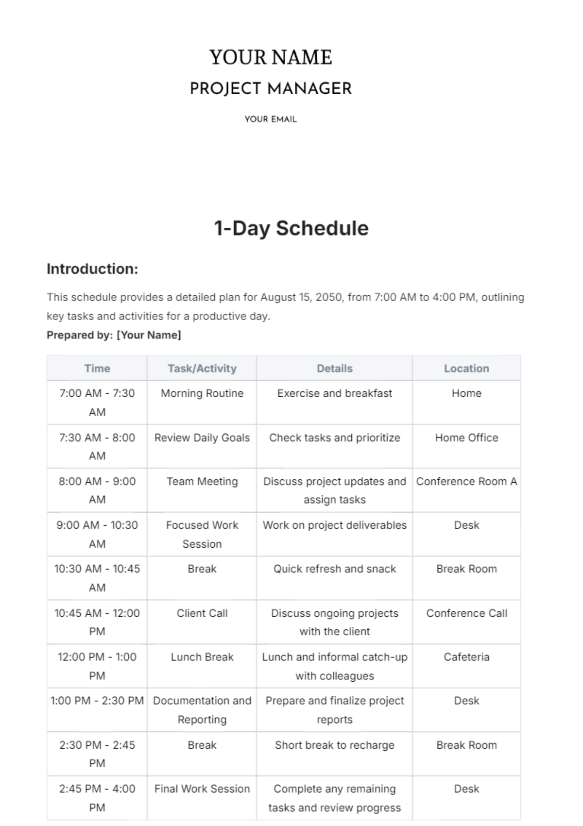 1 Day Schedule Template - Edit Online & Download