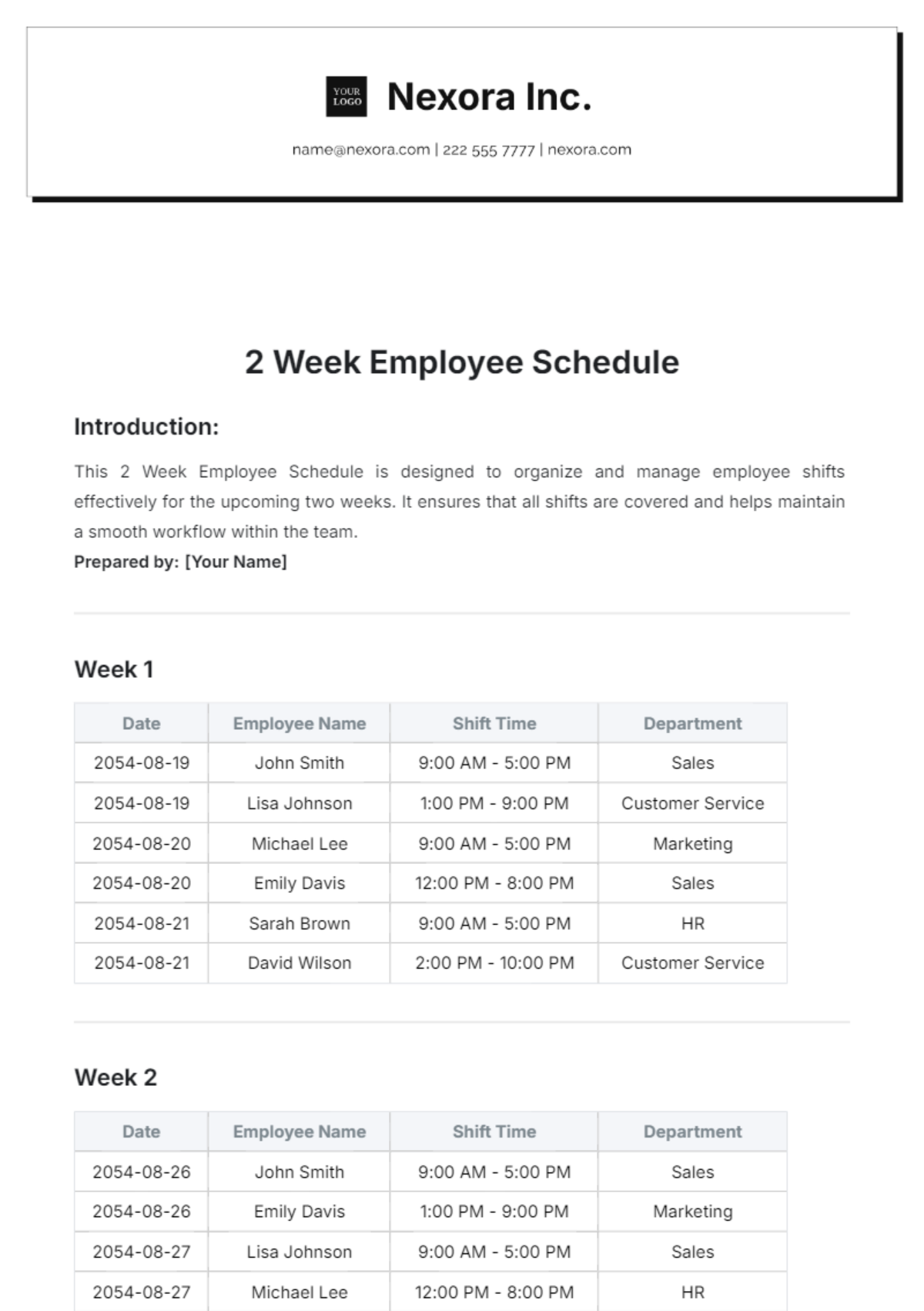 2 Week Employee Schedule Template - Edit Online & Download