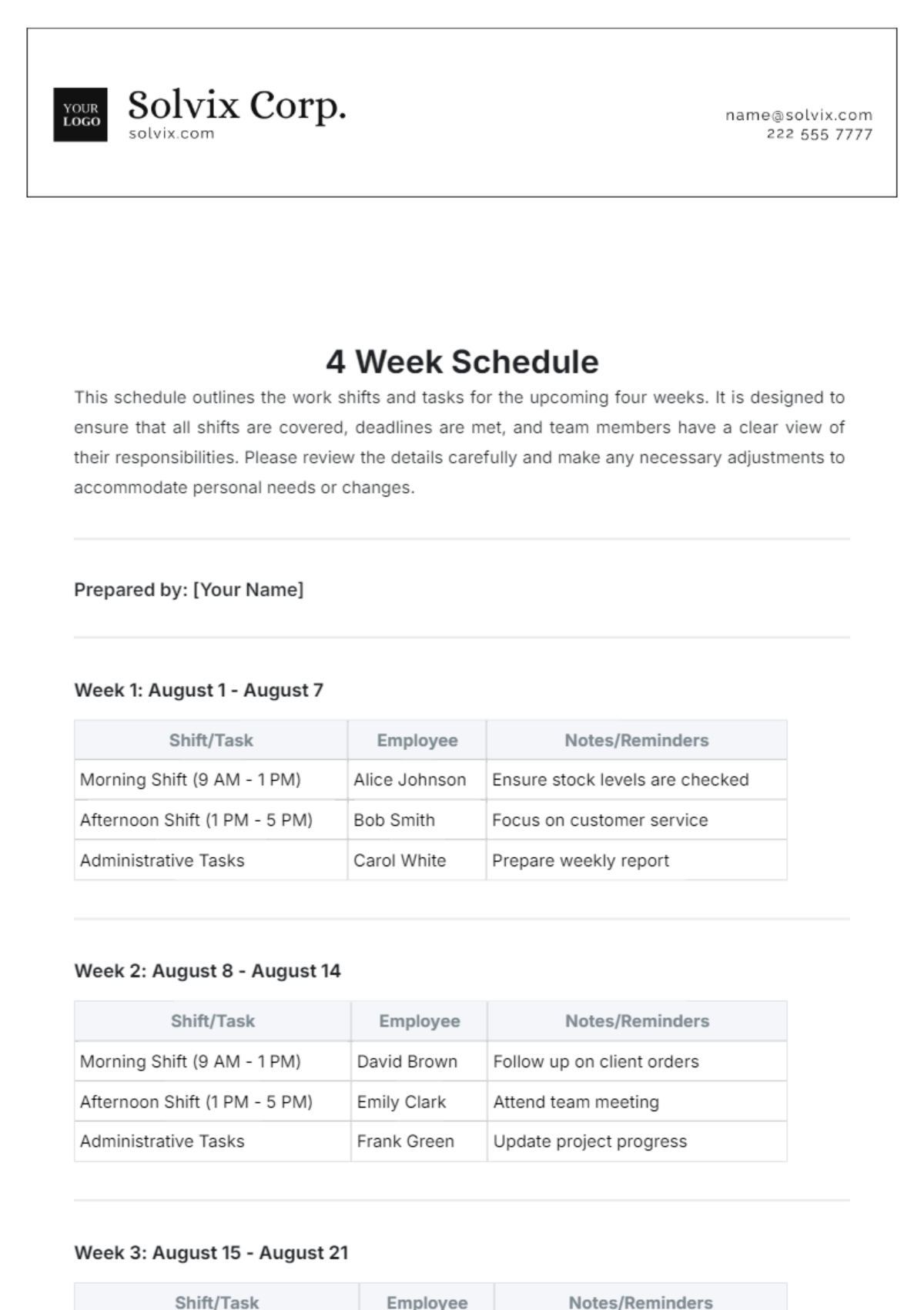 4 Week Schedule Template - Edit Online & Download