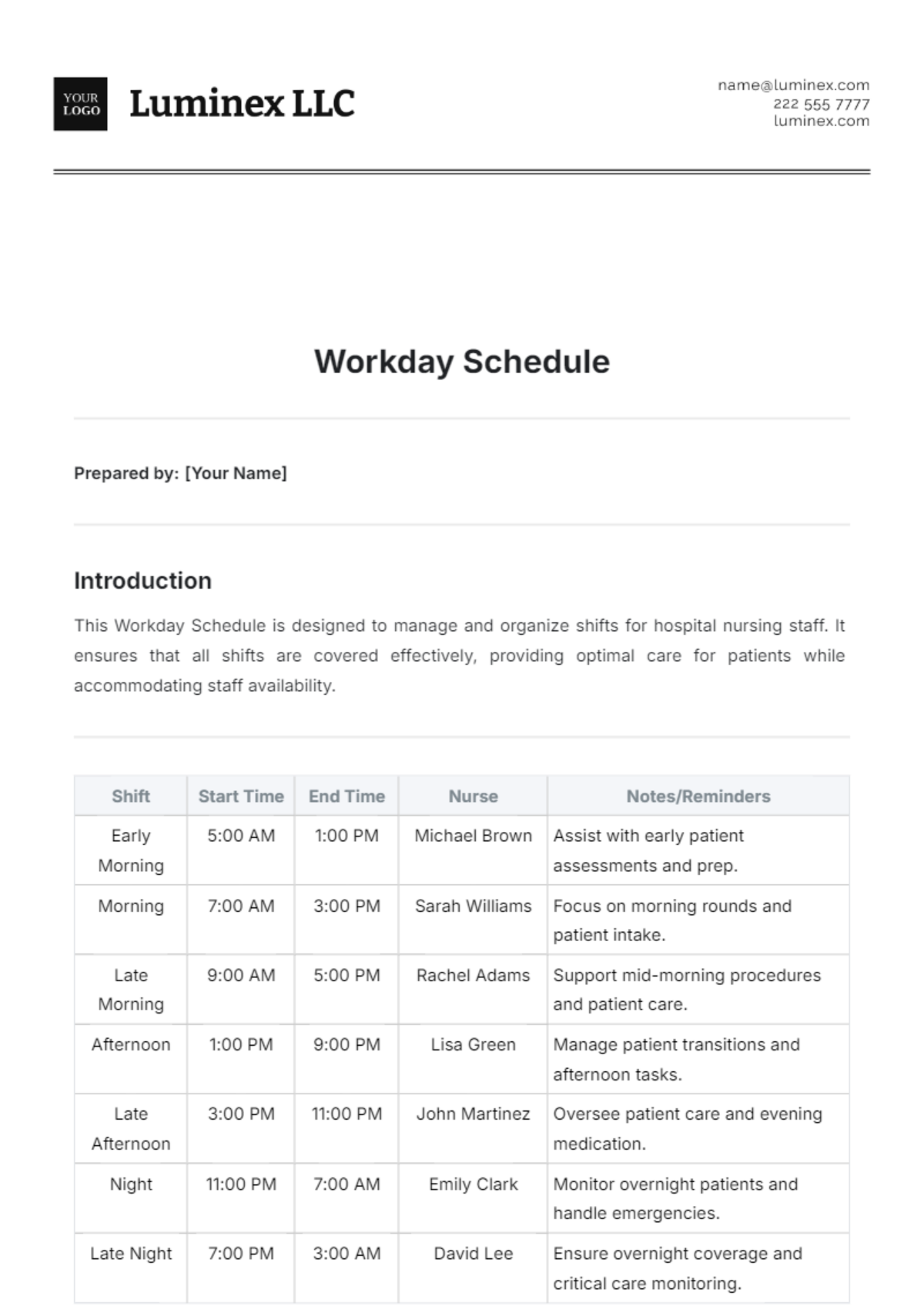 Workday Schedule Template - Edit Online & Download