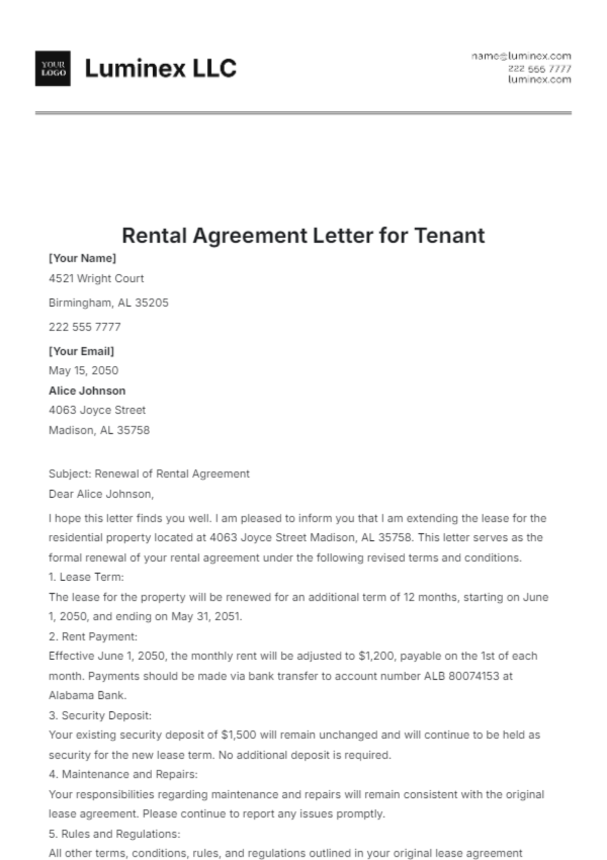 Rental Agreement Letter for Tenant Template