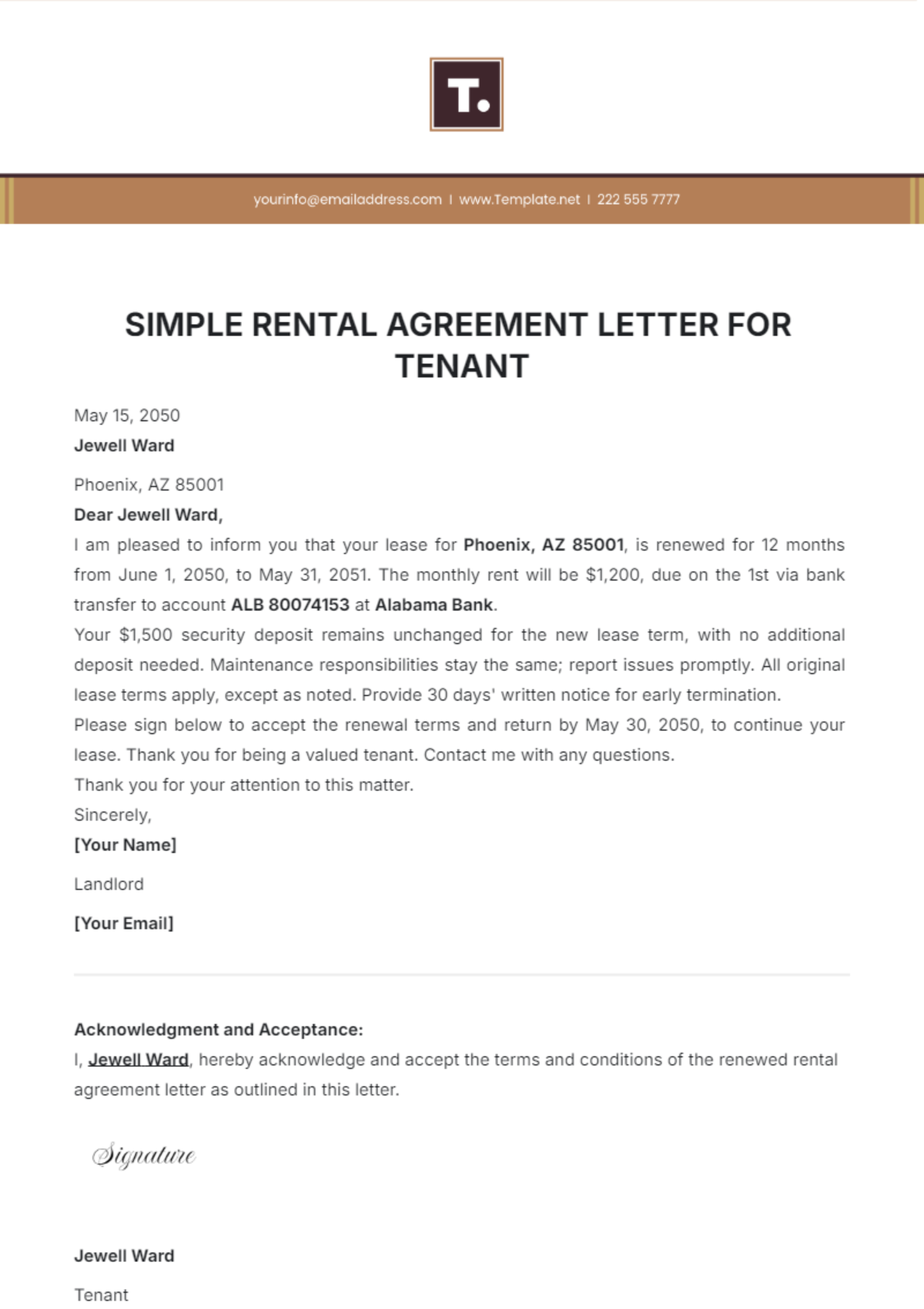 Simple Rental Agreement Letter for Tenant Template - Edit Online & Download