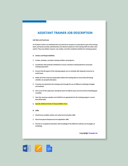 Assistant Personal Training Director Job Description : New Job Description Templates Available | NATA - Hourly rates vary but average professional development.