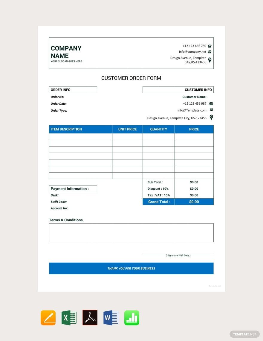 Customer Order Form Template in Pages, Excel, PDF, Word, Apple Numbers, Google Sheets, Google Docs - Download | Template.net