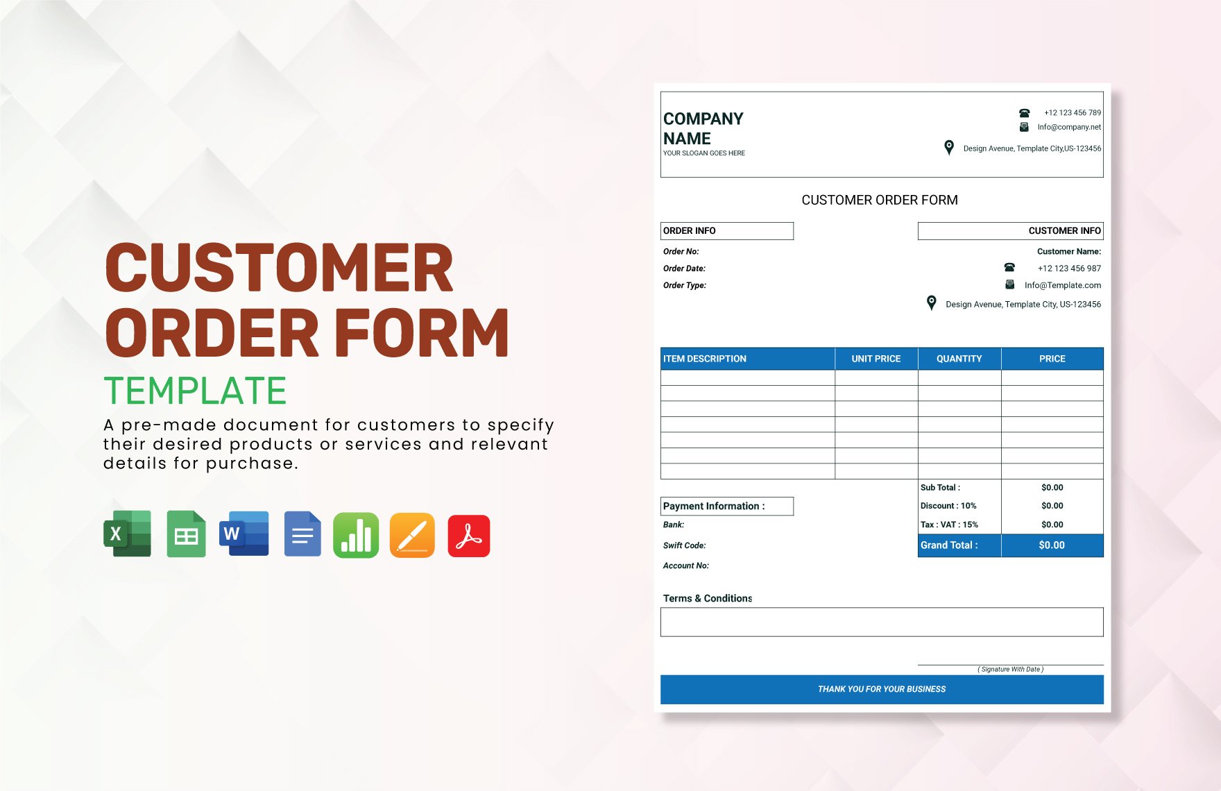 Customer Order Form Template in Word, Google Docs, Excel, PDF, Google Sheets, Apple Pages, Apple Numbers