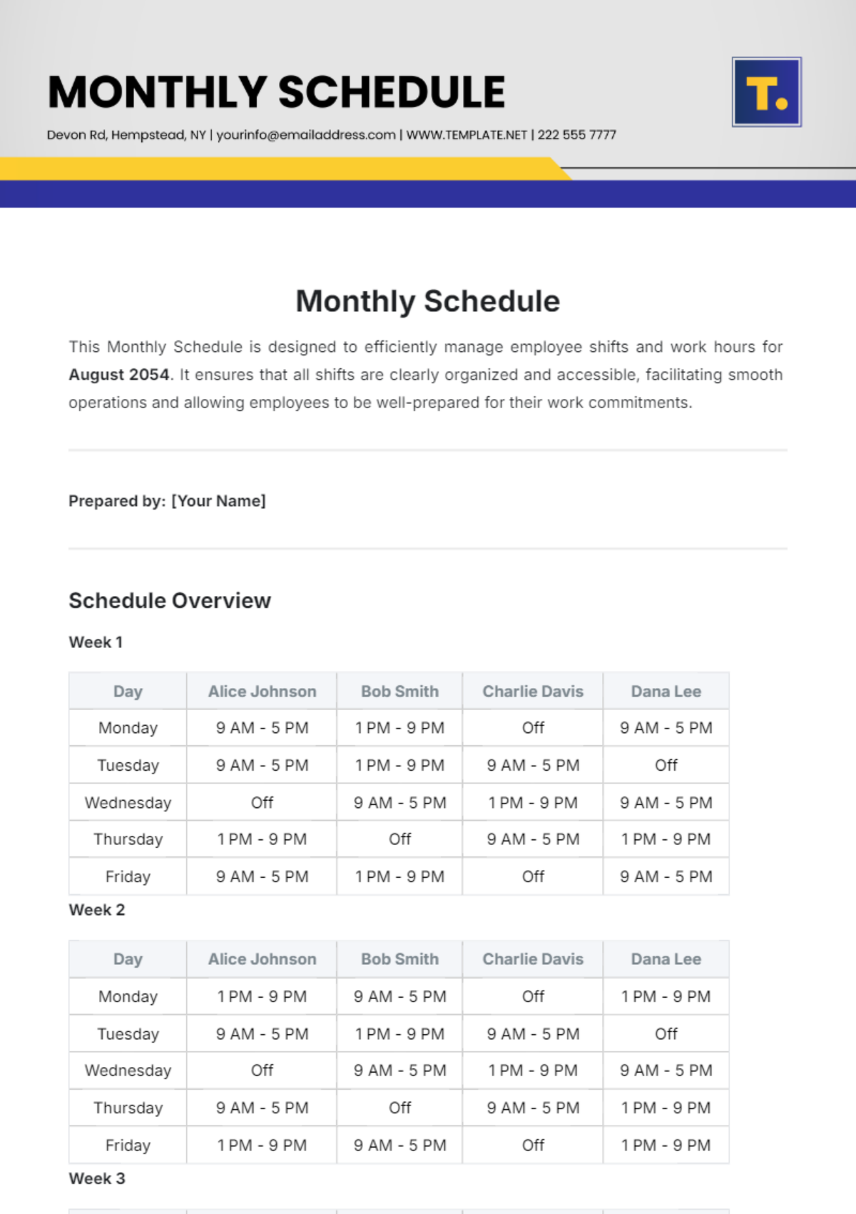 Monthly Schedule Template