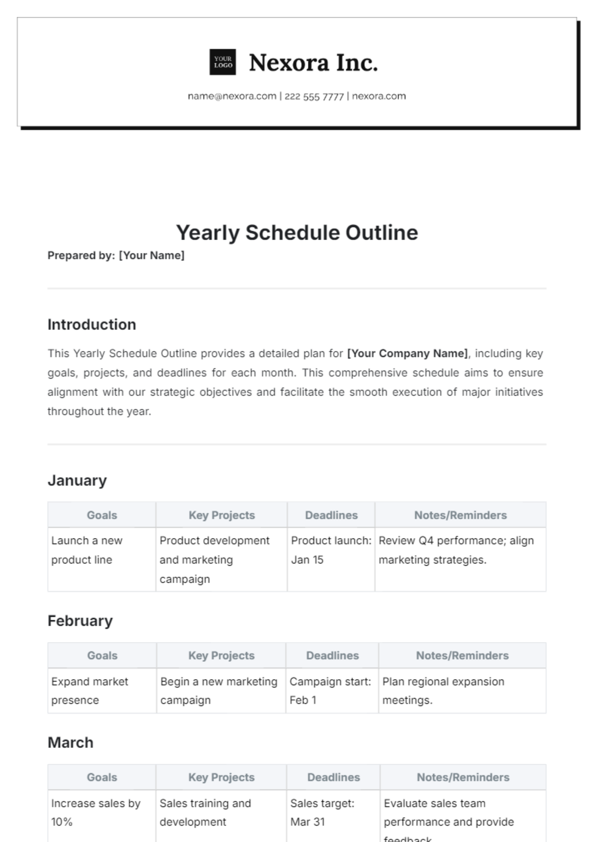 Yearly Schedule Outline Template - Edit Online & Download