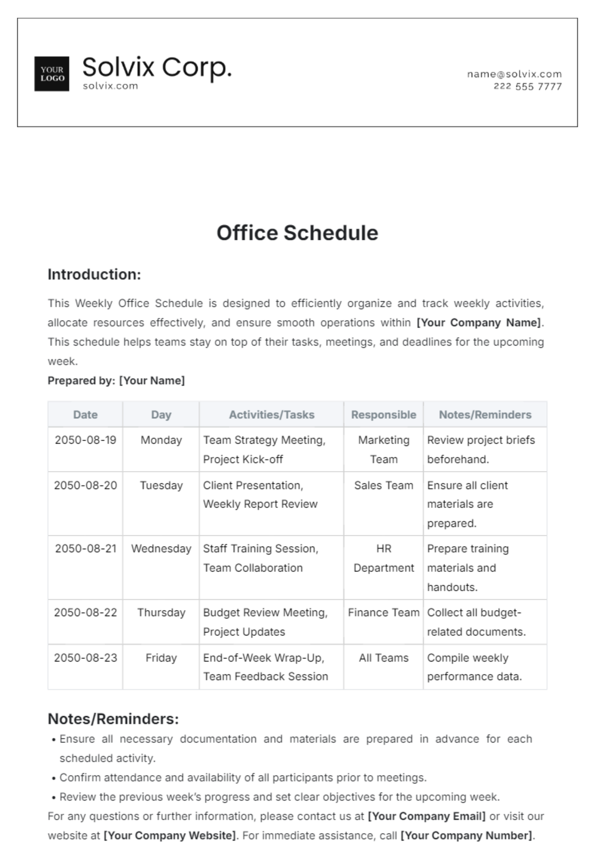 Office Schedule Template - Edit Online & Download